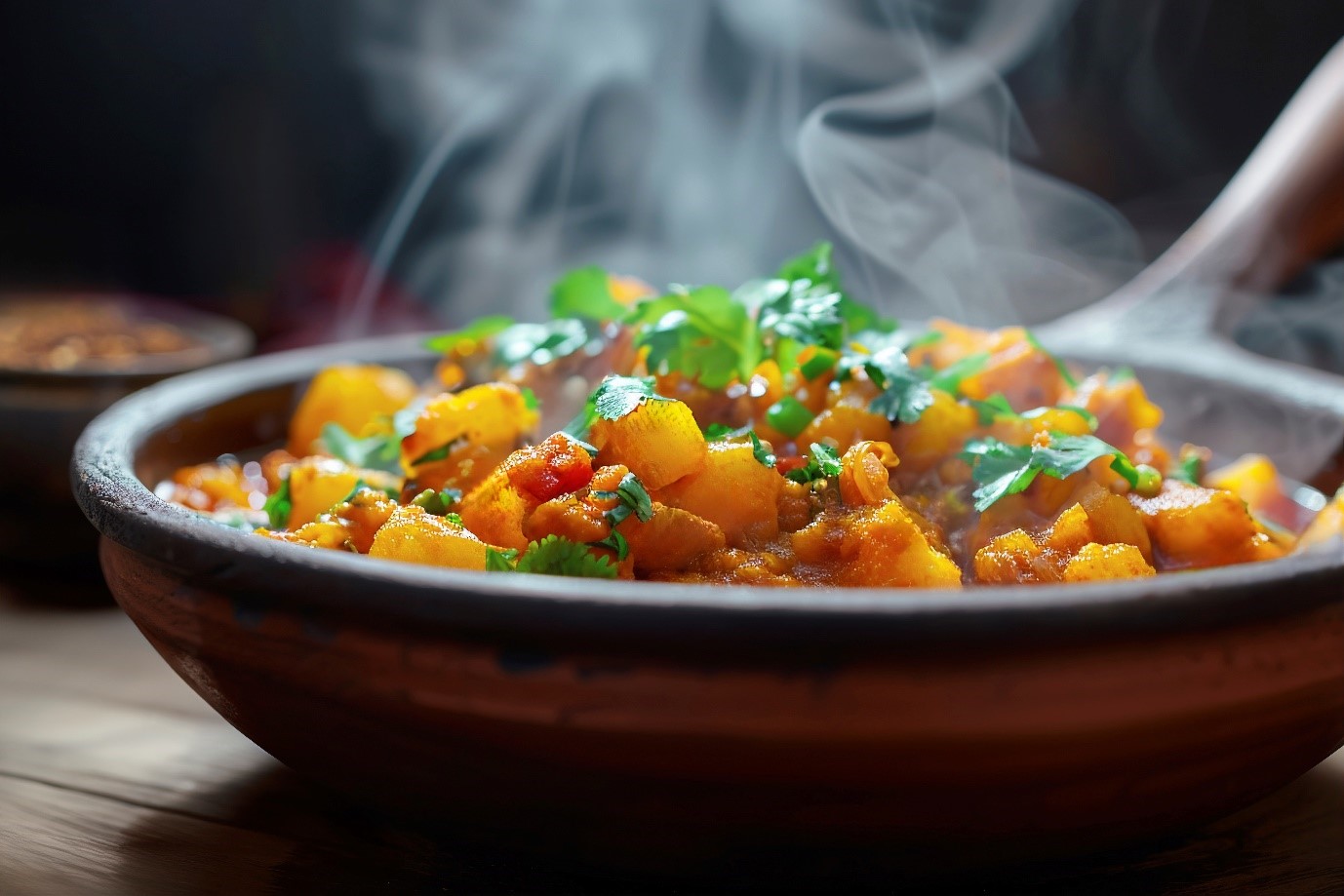 Chicken and chick pea curry steaming on table in brown bowl with spoon ready to eat.